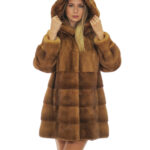 Cappotto oro gold visone pelle intera 48 orizzontale fondo cappuccio manica lunga ganci