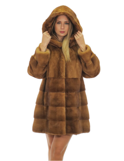 Cappotto oro gold visone pelle intera 48 orizzontale fondo cappuccio manica lunga ganci