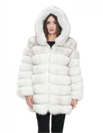 Giacca lunga con maniche bianco 48 pelliccia volpe orizzontale con pelle e cappuccio zip
