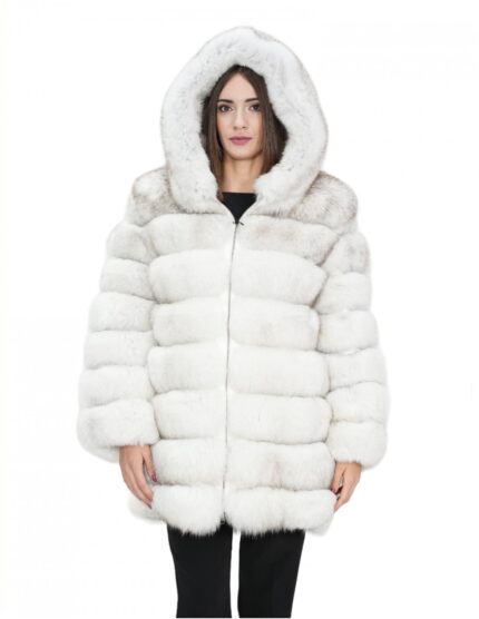 Giacca lunga con maniche bianco 48 pelliccia volpe orizzontale con pelle e cappuccio zip