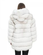 Giacca lunga con maniche bianco 48 pelliccia volpe orizzontale con pelle e cappuccio zip