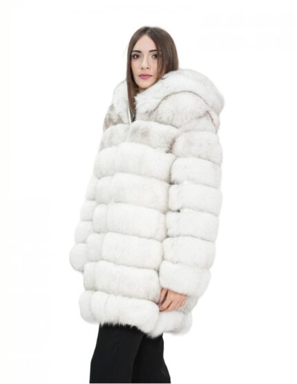 Giacca lunga con maniche bianco 48 pelliccia volpe orizzontale con pelle e cappuccio zip