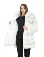 Giacca lunga con maniche bianco 48 pelliccia volpe orizzontale con pelle e cappuccio zip