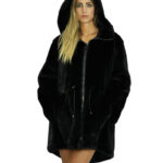 Cappotto 54 reversibile nero visone intero e tessuto impermeabile zip manica lunga lungo 86 cm