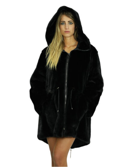 Cappotto 54 reversibile nero visone intero e tessuto impermeabile zip manica lunga lungo 86 cm