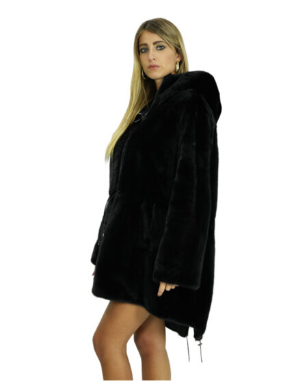 Cappotto 54 reversibile nero visone intero e tessuto impermeabile zip manica lunga lungo 86 cm