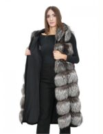 Gilet lungo in pelliccia di volpe argentata 52 con cappuccio e pelle scamosciata 112 centimetri