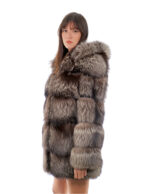 Giacca volpe lunga 80 cm 42 second life pelliccia color argentata grigio con cappuccio chiusura ganci