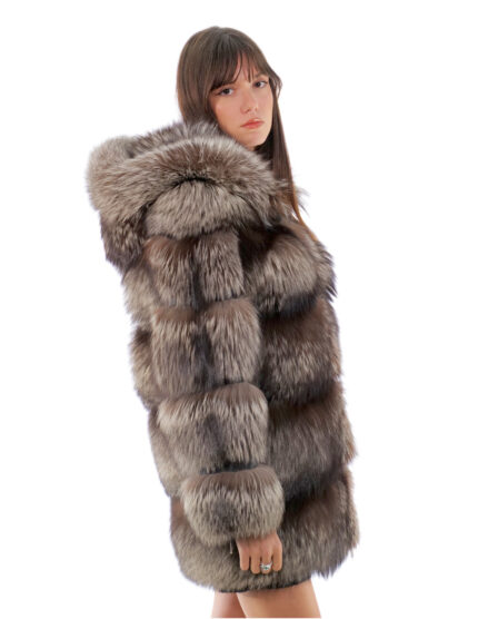 Giacca volpe lunga 80 cm 42 second life pelliccia color argentata grigio con cappuccio chiusura ganci