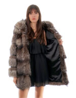 Giacca volpe lunga 80 cm 42 second life pelliccia color argentata grigio con cappuccio chiusura ganci