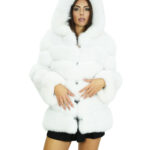 Cappotto in volpe bianco 48 orizzontale con cappuccio e maniche lunghe tasche esterne coulisse