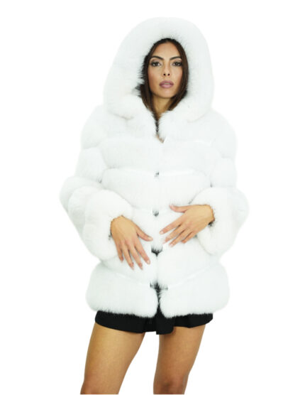 Cappotto in volpe bianco 48 orizzontale con cappuccio e maniche lunghe tasche esterne coulisse
