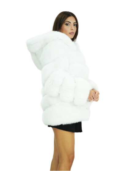 Cappotto in volpe bianco 48 orizzontale con cappuccio e maniche lunghe tasche esterne coulisse