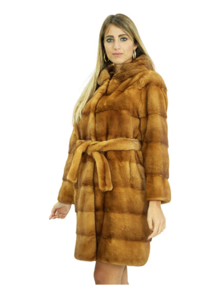 Cappotto pelliccia visone gold 50 lungo 90 centimetri con cappuccio foderato in pelliccia maniche lunga cinta pelliccia