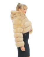 Giacca corta in pelliccia di volpe beige 46 manica lunga cappuccio chiusura ganci