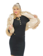Giacca corta in pelliccia di volpe beige 46 manica lunga cappuccio chiusura ganci
