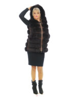 Smanicato gilet pelliccia volpe 44 mattone con cappuccio e pelle scamosciata chiusura zip