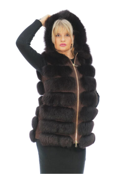 Smanicato gilet pelliccia volpe 44 mattone con cappuccio e pelle scamosciata chiusura zip