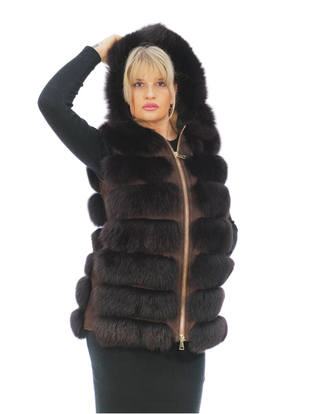 Smanicato gilet pelliccia volpe 44 mattone con cappuccio e pelle scamosciata chiusura zip Smanicato gilet pelliccia volpe 44 mattone con cappuccio e pelle scamosciata chiusura zip