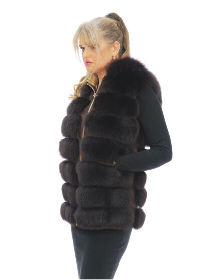 Smanicato gilet pelliccia volpe 44 mattone con cappuccio e pelle scamosciata chiusura zip