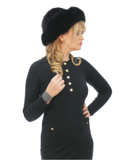 Cappello in pelliccia di visone tricot e volpe al bordo colore nero con coulisse sotto e lana