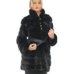 Cappotto visone orizzontale nero 42 lungo 88cm manica lunga cintura in pelle