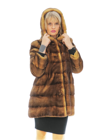 Cappotto 82 cm gold sfumato nero 48 visone orizzontale cappuccio manica lunga chiusura ganci