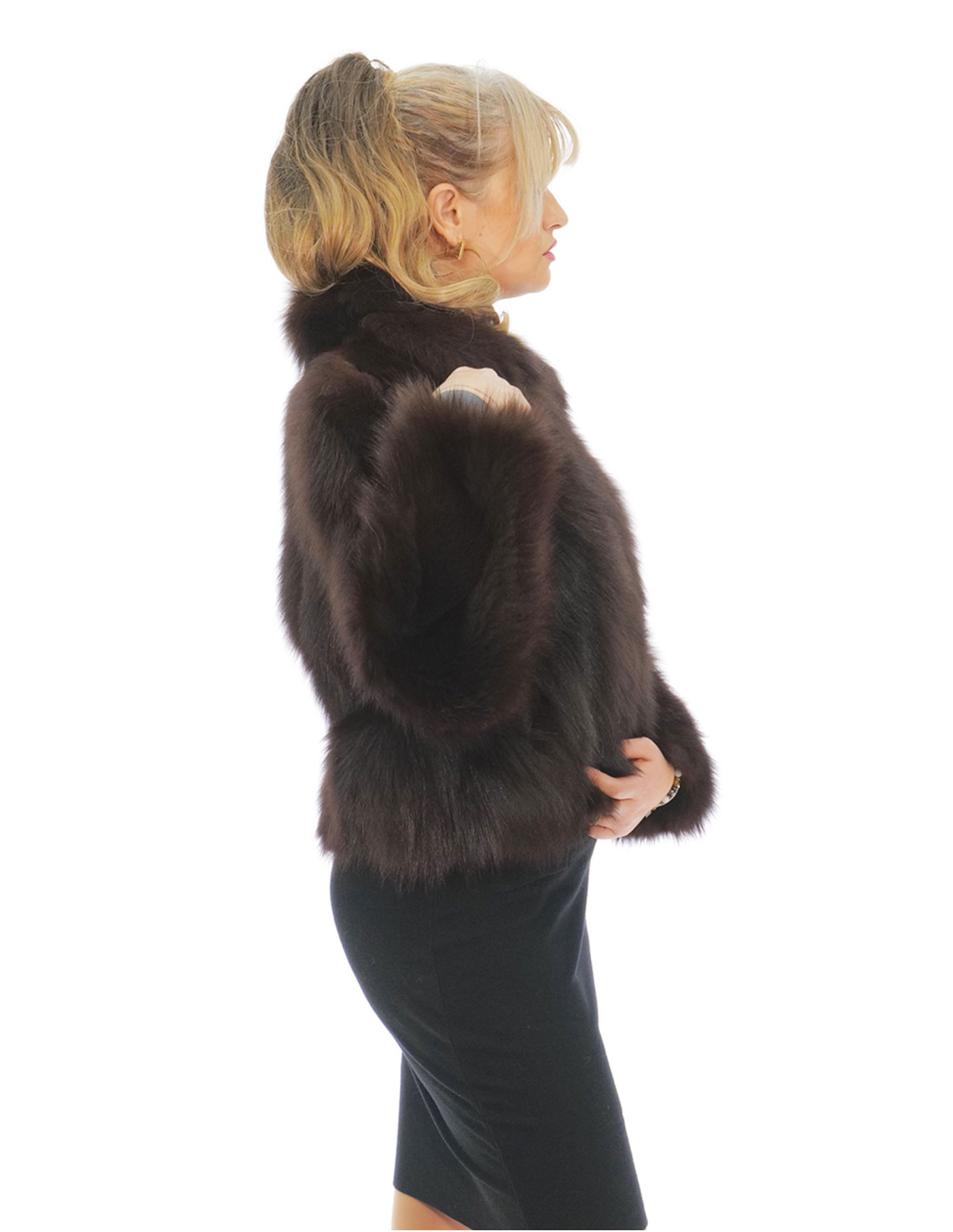 Kurze Jacke mit Fuchsblüten 46 sehr hellbraun mit Pistagna-Kragen und langärmeligem Hakenverschluss – Bild 3