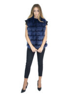 Short Vest 46 in Bright Blue Fox Fur Collarless Closure Hooks and Leather Black Carry - Image 4