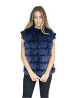 Short Vest 46 in Bright Blue Fox Fur Collarless Closure Hooks and Leather Black Carry