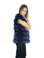 Short Vest 46 in Bright Blue Fox Fur Collarless Closure Hooks and Leather Black Carry - Image 3