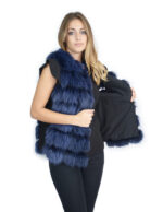 Short Vest 46 in Bright Blue Fox Fur Collarless Closure Hooks and Leather Black Carry - Image 6