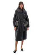 Cappotto cashmere e lana grigio antracite 46 collo e tasche con pelliccia di volpe staccabile lungo 116 centimetri