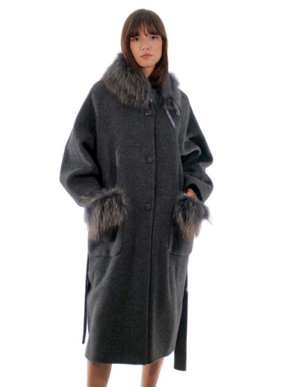 Cappotto cashmere e lana grigio antracite 46 collo e tasche con pelliccia di volpe staccabile lungo 116 centimetri