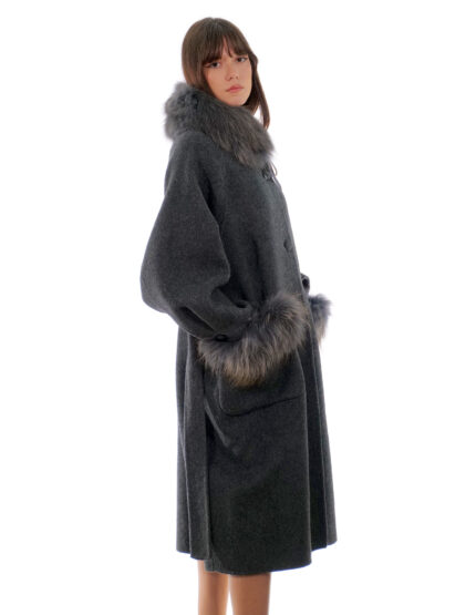 Cappotto cashmere e lana grigio antracite 46 collo e tasche con pelliccia di volpe staccabile lungo 116 centimetri