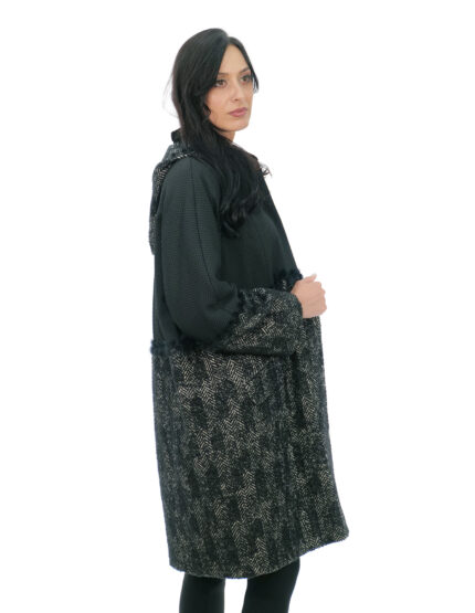 Cappotto severi darling 48 in lana con rifiniture in pelliccia nero con cappuccio staccabile e manica lunga