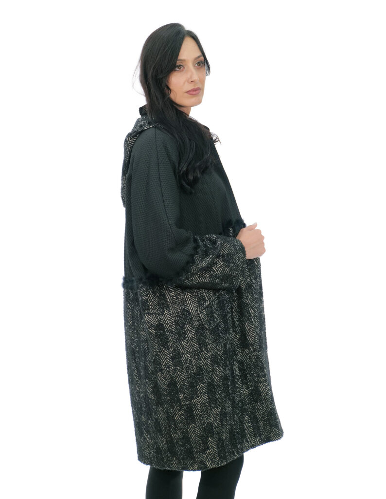 Cappotto severi darling 48 in lana con rifiniture in pelliccia nero con cappuccio staccabile e manica lunga
