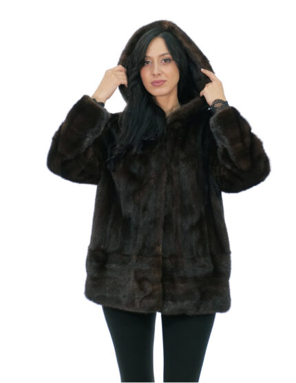 Cappotto in pelliccia di visone mogano 50 modello verticale con fasce orizzontali polsi e fondo cappuccio