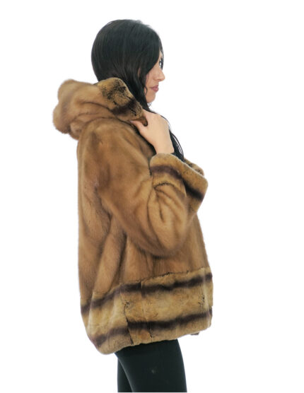 Cappotto pelliccia visone con bordo polsi e fondo rex 44 gold cappuccio foderato pelliccia tasche esterne