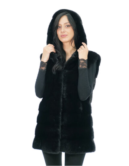 Gilet in pelliccia di visone orizzontale 48 nero lungo 80 cm chiusura ganci cappuccio foderato pelliccia