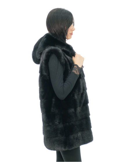 Gilet in pelliccia di visone orizzontale 48 nero lungo 80 cm chiusura ganci cappuccio foderato pelliccia