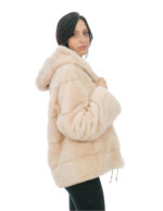 Light Pink Horizontal Fur Mink Jacket 44 Hood Coated Fur Long Sleeve Closure Hooks - Image 3