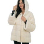 Cappottino in pelliccia di visone bianco ottico 50 lungo ben 72 centimetri manica lunga cappuccio foderato pelliccia ganci