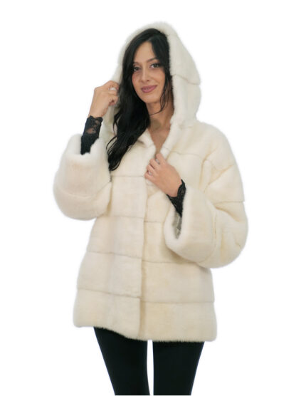Cappottino in pelliccia di visone bianco ottico 50 lungo ben 72 centimetri manica lunga cappuccio foderato pelliccia ganci