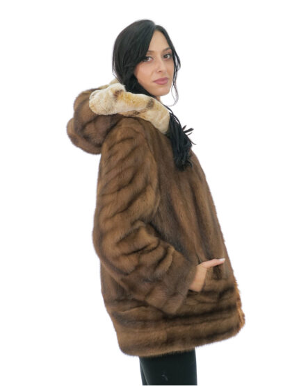 Cappotto verticale e orizzontale visone con pelliccia di rex 50 demi cappuccio bordato manica lunga chiusura ganci