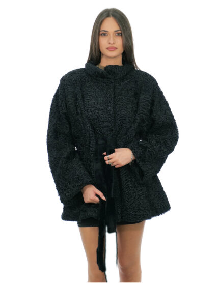 Cappotto in pelliccia di persiano 54 nero con cintura interna vita manica lunga e collo pistagna