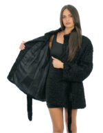 Cappotto in pelliccia di persiano 54 nero con cintura interna vita manica lunga e collo pistagna