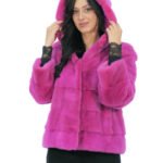 Giacca in pelliccia di visone orizzontale fucsia 48 con cappuccio foderato pelli visone manica lunga ganci