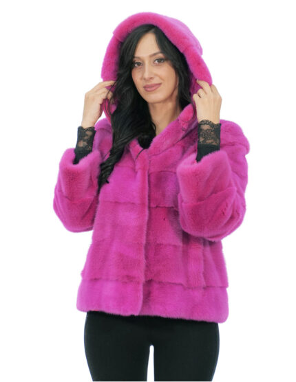 Giacca in pelliccia di visone orizzontale fucsia 48 con cappuccio foderato pelli visone manica lunga ganci