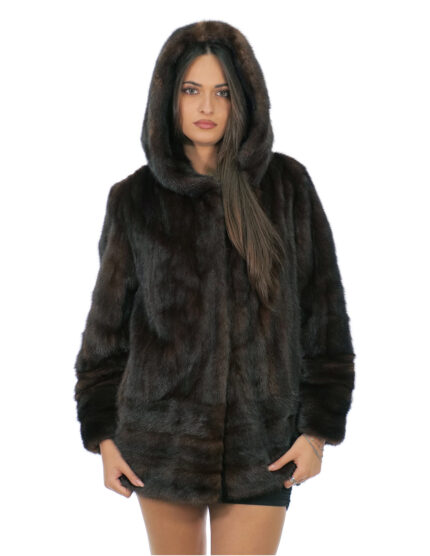 Cappotto mogano in pelliccia di visone 52 cappuccio foderato pelli visone doppia lavorazione orizzontale e verticale